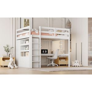 Letto a Soppalco Bianco Full-Size con Armadio Integrato, Scrivania e Scaffali - Soluzione Completa di Arredamento in Legno - Product Image 4
