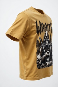 Camiseta Gráfica Personalizada al por Mayor para Hombre, Diseño Wraith, Amarillo Mostaza, Manga Corta, Cuello Redondo, Estilo Fantasía, Arte Oscuro, Guerrero con Capucha, Calavera y Espada - Product Image 4