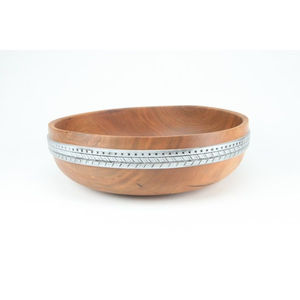 Bol de service classique en bois naturel écologique avec bordure perlée en métal, idéal pour la maison, les hôtels, la table, la cuisine, la vaisselle - Product Image 2