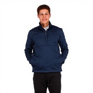 Men's Navy Blue Quarter Zip <b>Fleece</b> Pullover Regular Fit Casual <b>Jacket</b> with Front Pocket Stand Collar Autumn Wear - Product Image 5