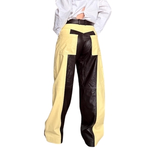 Pantalones de mujer de cintura alta, acampanados, de piel sintética, con paneles de colores, estilo motociclista, largos, holgados, para invierno - Product Image 2