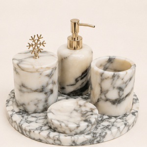 Ensemble d'accessoires de salle de bain en marbre naturel, 5 pièces, ensemble de vanité en pierre artisanale avec distributeur de savon, pot avec couvercle doré et plateau pour la maison - Product Image 5