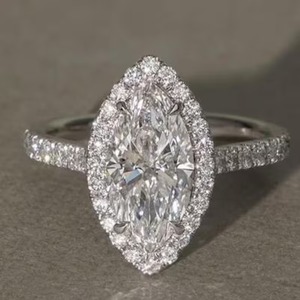 Marquise Cut Moissanite Engagement <b>Ring</b> Rhodium Plated 925 Silver Halo Pave Set Wedding Band AFAR JEWELS for Women - Product Image 1