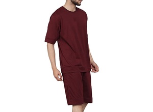 Conjunto de Camiseta y Pantalones Cortos de Algodón Color Granate para Hombre, Cuello Redondo Personalizado, Atuendo Casual de Verano, Color Sólido, Transpirable, Ligero, Corte Regular - Product Image 4