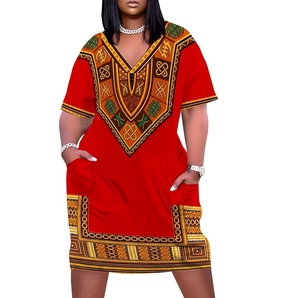 Vestido midi con estampado geométrico y cuello en V para mujer, vestido holgado de manga corta con estampado tribal africano, vestidos Dashiki de poliéster tejido - Product Image 3