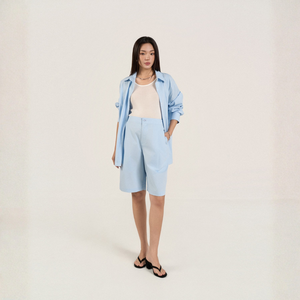 Conjunto de 2 Piezas para Mujer, Camisa de Manga Larga y Pantalones Cortos Bermuda, 100% Algodón Popelina, Transpirable, Sólido, Casual, con Botones, para Verano - Product Image 1