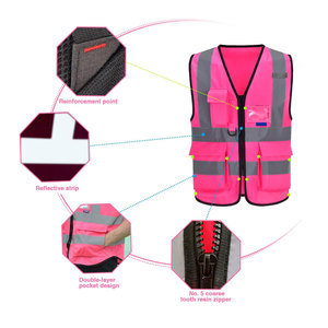Chaleco de seguridad rosa de alta visibilidad con rayas reflectantes y múltiples bolsillos, chaleco de trabajo unisex - Product Image 4