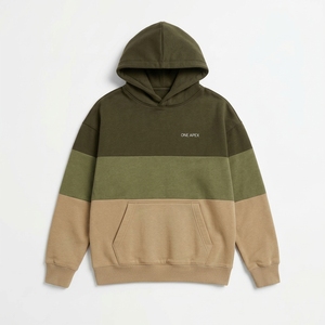 Sudadera con Capucha para Hombre, Color Verde Oliva y Caqui, con Bloques de Color, de Forro Polar, con Logotipo Personalizado, Estilo Urbano, Informal, Holgada, para Otoño - Product Image 1