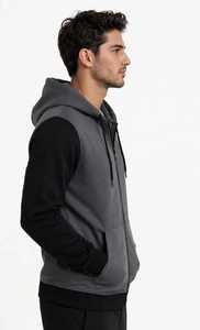Men's Grey <b>Black</b> Color Block <b>Zip</b> <b>Up</b> <b>Hoodie</b> Raglan Sleeve Hooded Casual Sweatshirt - Product Image 2