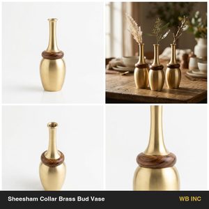 Jarrón de latón satinado hecho a mano de 5 cm con cinturón de madera y collar de sheesham para decoración del hogar, hoteles, bodas, mesas y regalos. - Product Image 6