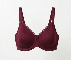 Soutien-gorge à armatures bordeaux pour femme, coupe pleine, avec dentelle, dos en Y, sans couture, lavable en machine, épaisseur standard, en polyester et élasthanne tricotés - Product Image 1