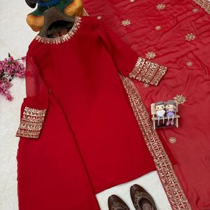 Red Indian Pakistani Set <b>Velvet</b> Anarkali Suit Embroidered Long <b>Coat</b> Palazzo Embroidery Wedding Banquet Outfit - Product Image 4