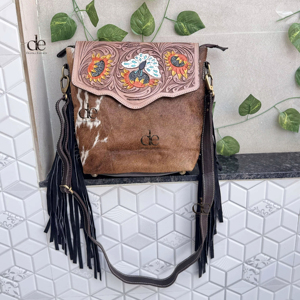 Western Cowhide Fur <b>Leather</b> Western Style Bag Hand <b>Tooled</b> Carving Fringe Bags New Design Hot Selling Shoulder Bags for Women - Product Image 1