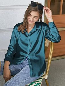 Camisa de Satén para Mujer, con Botones, Manga Larga, Cuello Camisero, Corte Holgado, Color Sólido, Blusa Casual, Manga Larga, Largo Regular - Product Image 2
