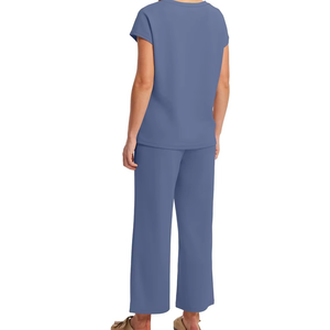 Women's Summer Lounge Tracksuit Set Loose Fit V-Neck Short Sleeve Top Wide Leg <b>Pants</b> Breathable Solid Blue Casual Wear S-XXL - Product Image 2