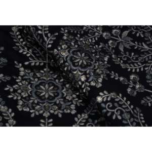 Tissu satiné semi-soie brodé de sequins, motif floral noir et or, 58 pouces de large, vendu au mètre - Product Image 1