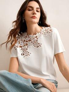 Camisetas de Mujer con Encaje Floral a la Moda 2026, Elegantes con Apliques Bordados, 100% Algodón, Camiseta de Lujo Informal para Verano, Venta al Por Mayor - Product Image 5