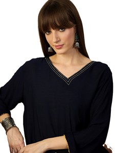 Women's Navy Blue Pure Viscose Kurta with Floral Embroidery Loose Fit <b>Ankle</b> Length Casual Indian Pakistani Ethnic Wear - Product Image 3