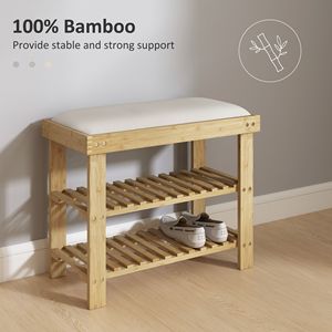 Cream White 3-Tier Bamboo Shoe Storage <b>Bench</b> with <b>Cushion</b> Entryway Hallway Shoe Organizer - Product Image 6