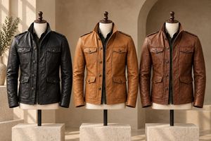 Veste en cuir marron pour homme, col montant, simple boutonnage, 4 poches, coupe-vent, décontractée, automne - Product Image 5