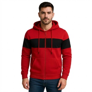 Premium Men's Contrast Zip Hoodie <b>Jacket</b> <b>Red</b> Black Horizontal Stripe Fleece Sweatshirt Full Zip Streetwear Casual <b>Hooded</b> Top Fit - Product Image 1