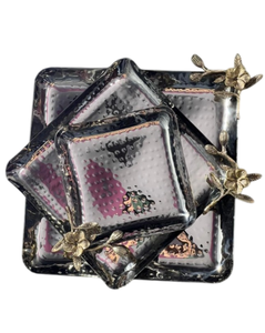 Nesting <b>Square</b> Hammered Stainless Steel Serving Tray <b>Set</b> Of 3 With Decorative Gold Floral Handles Metal Platter For Wedding Use - Product Image 1