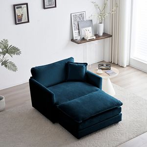 Poltrona Moderna in Ciniglia Blu con Poggiapiedi per Soggiorno e Camera da Letto - Product Image 2