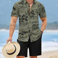 Ensemble décontracté 2 pièces pour homme : chemise et short de plage unis, personnalisable avec logo, 100 % coton léger, idéal pour l'été