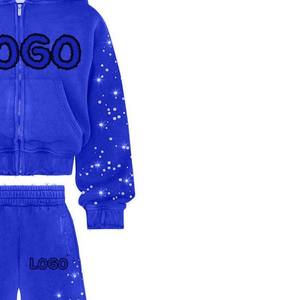Blue Hooded Sweatshirt and Pants Set with Logo Print Casual Men's Tracksuit Autumn Knitted Cotton Two Piece Outfit - Product Image 6