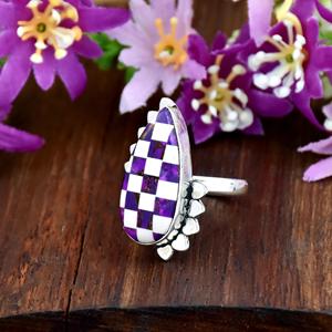 Purple Checkerboard <b>Turquoise</b> <b>Ring</b> 925 Sterling Silver Statement Geometric Inlay <b>Ring</b> Teardrop Stone Mosaic Fine <b>RIng</b> Jewelry - Product Image 2
