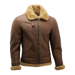 Chaqueta de Cuero de Oveja con Forro de Borrego Marrón para Hombre, Chaqueta de Aviador, Chaqueta de Piloto Vintage con Cuello de Piel, Talla XS - Product Image 3