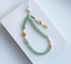 Eco-Friendly Green Jade Bead Phone Strap Pearl Orange Stone Charm Alloy <b>Keychain</b> Handmade Classic Modern Design Lightweight - Product Image 2