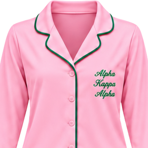 Women's Pink Pajama Set with Green Piping Alpha Kappa Alpha Embroidery and 1908 Detail <b>Long</b> Sleeve Button Front Top Matching - Product Image 3