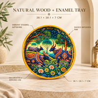 Plateau de service traditionnel en bois naturel émaillé vibrant |   Décoration de mariage artistique colorée motif vache et forêt pour table de thé, café et collations
