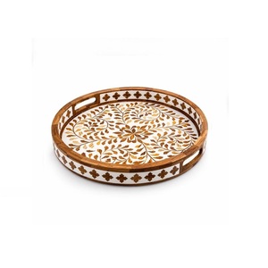 Imperial Crafted Home Handcrafted Resin <b>Wooden</b> <b>Round</b> Serving Tray Modern Geometric Decorative Food Platter Handle Home Kitchen - Product Image 3