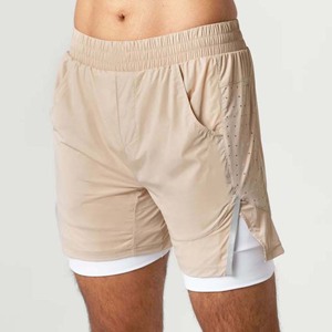 Shorts de sport pour homme, couleur beige, séchage rapide, respirants, avec poches, taille élastique, en toile, couleur unie, pour la course à pied et le fitness - Product Image 1