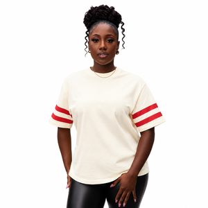 Oversized <b>Cream</b> <b>T</b>-<b>Shirt</b> Men Short Sleeve Contrast Red Stripes O-Neck Casual Jersey Fit Regular Length 100% Cotton - Product Image 1