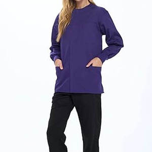 <b>Women's</b> <b>Navy</b> Blue Long Sleeve Scrub Top Band Collar Button Front Patch Pockets Hospital Uniform - Product Image 4
