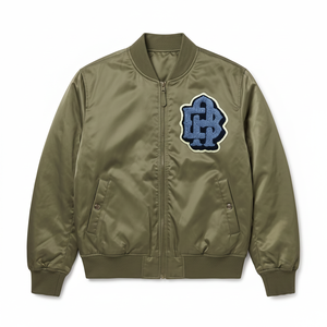 Chaqueta Bomber Verde Oliva para Hombre con Logotipo Bordado Azul, Cierre de Cremallera Frontal, Cuello Camisero, Ropa Casual de Otoño - Product Image 1