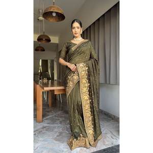 ผ้าไหม vichitra zari กับ Swarovski ทำงานพร้อมที่จะสวมใส่ Saree กับเสื้อ unstitched มะกอก - Product Image 1