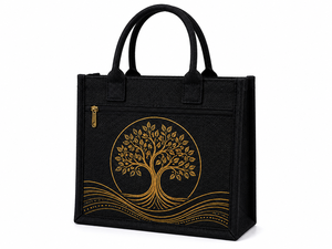 Sac fourre-tout en jute laminé noir AMANI, imprimé arbre, écologique, réutilisable, avec poche zippée en corde, vente en gros pour exposition - Product Image 1
