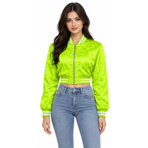 Green Embossed Pattern Varsity <b>Jacket</b> Women's <b>Short</b> Crop Bomber Coat Full <b>Sleeve</b> Turn-down Collar Polyester Zipper Front - Product Image 4