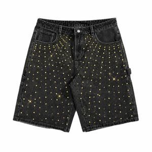 High Waist Denim Shorts With Rhinestone <b>Sequins</b> Streetwear Style Summer Cargo <b>Pants</b> Medium Wash Cotton Fabric - Product Image 6