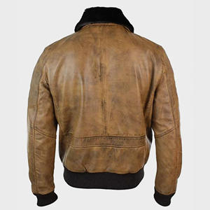 Veste en cuir vintage pour homme, couleur tan, col en fourrure noire, style aviateur vieilli, en cuir de vachette véritable, chaude, pour motard - Product Image 2