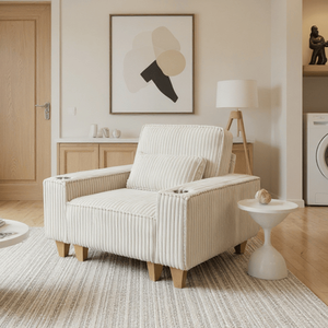 Fauteuil confortable à assise profonde en velours côtelé avec porte-gobelet en acier inoxydable brossé, fauteuil d'appoint pour salon avec coussin décoratif - Product Image 2