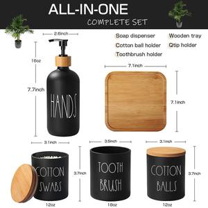 Juego de 5 accesorios de baño en negro mate con bandeja de bambú, perfecto para el hogar, hoteles y resorts. - Product Image 6