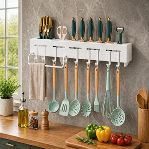 Étagère murale de cuisine multifonctionnelle avec porte-couteaux, crochets, organisateur de rangement pour ustensiles, étagère gain de place - Product Image 1