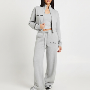 Conjunto Deportivo Gris para Mujer, Sudadera con Cierre de Media Cremallera y Bolsillos Laterales, Corte Holgado Informal, Color Sólido, Algodón, Ropa de Otoño - Product Image 5