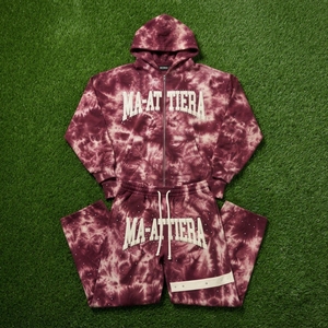 Conjunto de Sudadera con Capucha y Pantalones Anchos con Cremallera y Tie-Dye Borgoña para Hombre, Detalle de Correa en Contraste, Chándal Urbano, Personalizado OEM ODM - Product Image 5