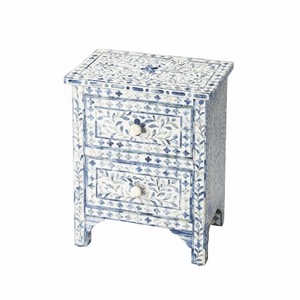 Table de Chevet en Bois Bleu avec Incrustations Osseuses, Commode de Luxe à Motifs Floraux, Armoire de Rangement Artisanale à 2 Portes en Promotion - Product Image 6